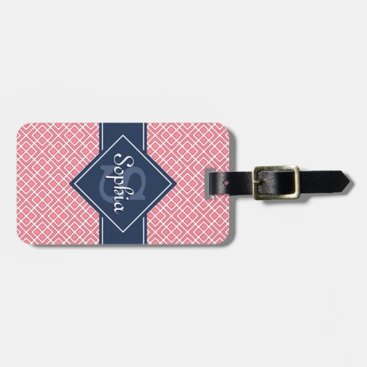 Monogrammed Navy Blue en Pink Diamond Pattern Bagagelabel (Voorkant horizontaal)