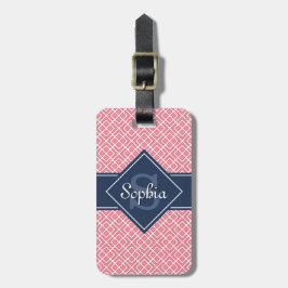 Monogrammed Navy Blue en Pink Diamond Pattern Bagagelabel