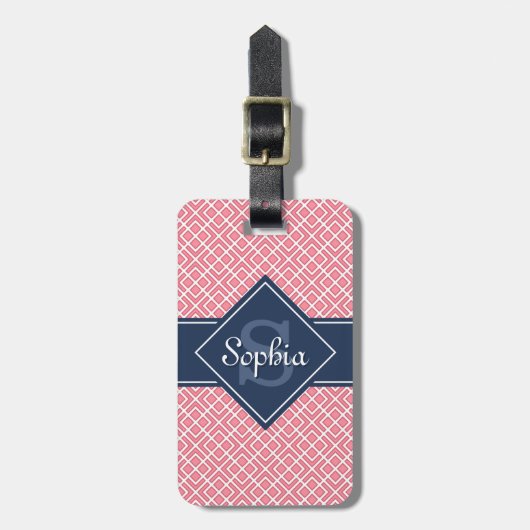 Monogrammed Navy Blue en Pink Diamond Pattern Bagagelabel (Voorkant verticaal)