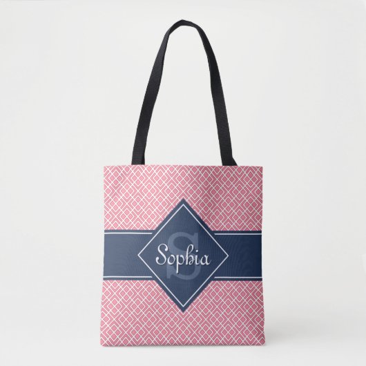 Monogrammed Navy Blue en Pink Diamond Pattern Tote Bag (Voorkant)