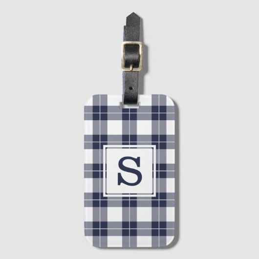 Monogrammed Navy Blue en White Pset Pattern Bagagelabel (Voorkant (verticaal))