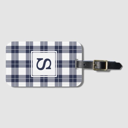 Monogrammed Navy Blue en White Pset Pattern Bagagelabel (Voorkant (horizontaal))
