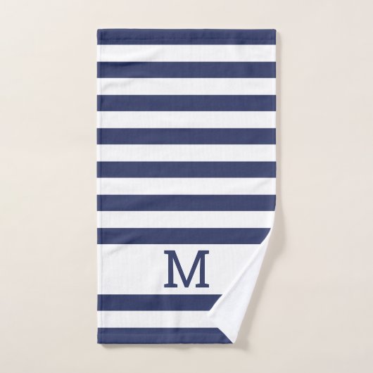 Monogrammed Navy Blue en White Striped Bad Handdoek (Handdoek)