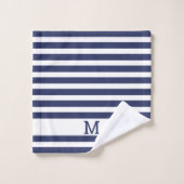 Monogrammed Navy Blue en White Striped Bad Handdoek (Wasdoekje)