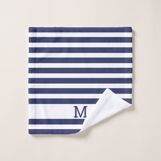 Monogrammed Navy Blue en White Striped Bad Handdoek (Wasdoekje)