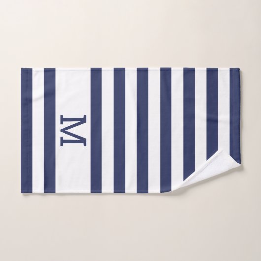 Monogrammed Navy Blue en White Striped Bad Handdoek (Handdoek)