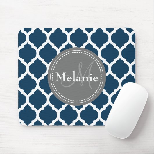 Monogrammed Navy Blue & Grey Quatrefoil Muismat (Met muis)