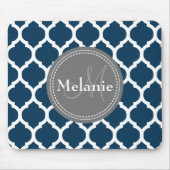 Monogrammed Navy Blue & Grey Quatrefoil Muismat (Voorkant)