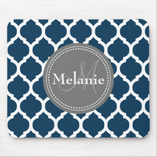 Monogrammed Navy Blue & Grey Quatrefoil Muismat