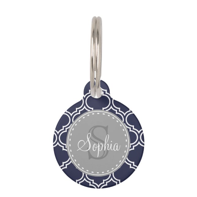 Monogrammed Navy Blue Lattice Pattern Huisdierpenning (Voorkant)