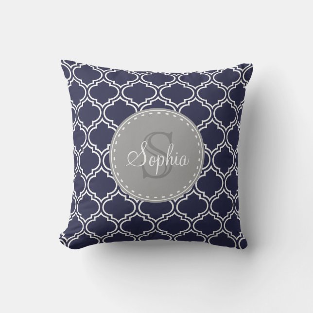 Monogrammed Navy Blue Lattice Pattern Kussen (Voorkant)