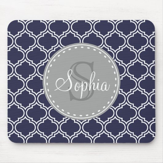 Monogrammed Navy Blue Lattice Pattern Muismat (Voorkant)
