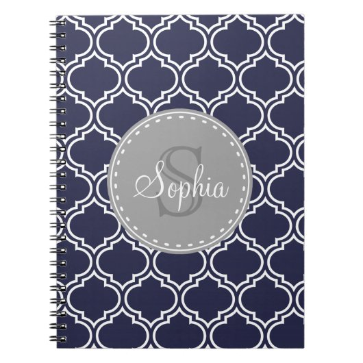 Monogrammed Navy Blue Lattice Pattern Notitieboek (Voorkant)