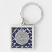 Monogrammed Navy Blue Lattice Pattern Sleutelhanger (Voorkant)