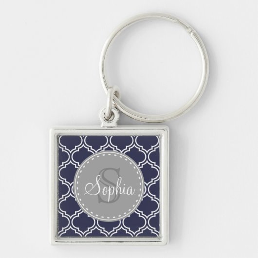Monogrammed Navy Blue Lattice Pattern Sleutelhanger (Voorkant)