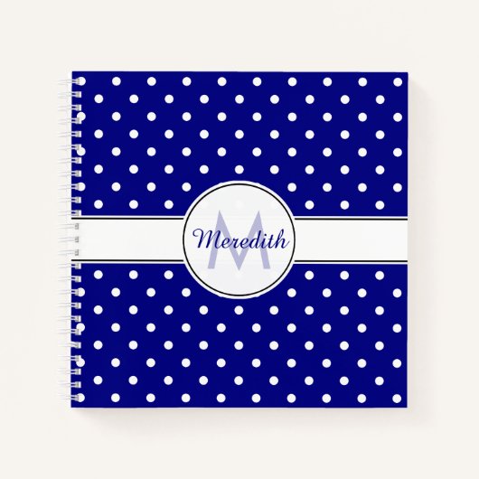 Monogrammed Navy Blue Polka Dot Pattern Notitieboek (Voorkant)