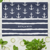 Monogrammed Navy Blue White Anchor Nautical Theedoek (Gevouwen)