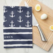 Monogrammed Navy Blue White Anchor Nautical Theedoek (Quarter Fold)