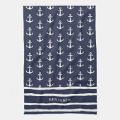 Monogrammed Navy Blue White Anchor Nautical Theedoek (Verticaal)