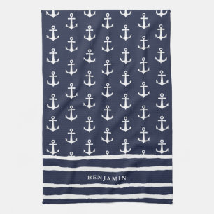 Monogrammed Navy Blue White Anchor Nautical Theedoek