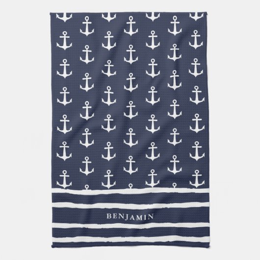 Monogrammed Navy Blue White Anchor Nautical Theedoek (Verticaal)
