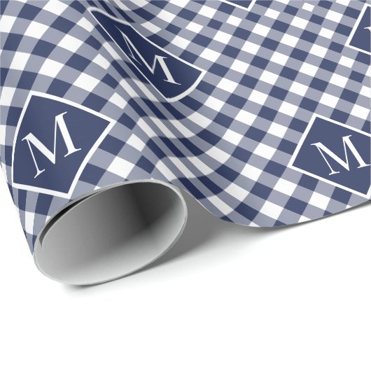 Monogrammed Navy Blue White Buffalo Check Pattern Cadeaupapier (Rol Hoek)