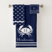 Monogrammed Navy Blue White Crab Nautical Bad Handdoek (Insitu)