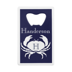 Monogrammed Navy Blue White Crab Nautical Cr Creditkaart Flessenopener