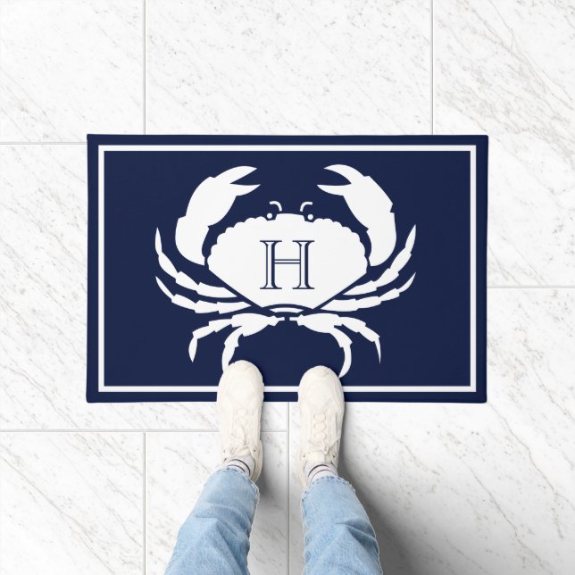 Monogrammed Navy Blue White Crab Nautical Deurmat (Binnen)