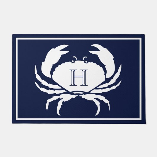 Monogrammed Navy Blue White Crab Nautical Deurmat (Voorkant)