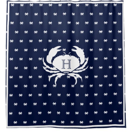 Monogrammed Navy Blue White Crab Nautical Douchegordijn (Voorkant)