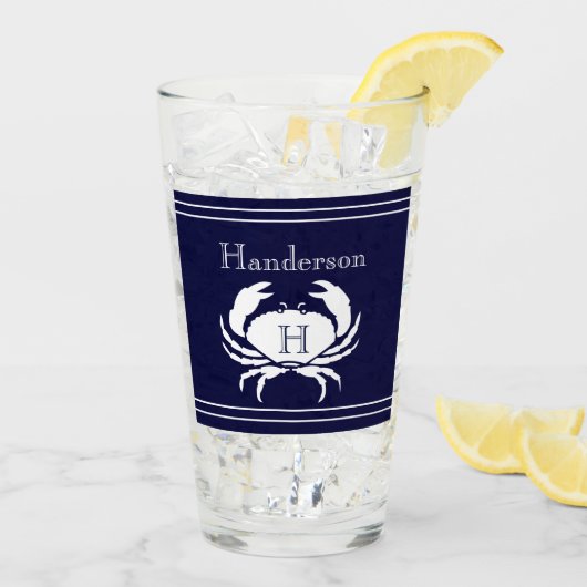 Monogrammed Navy Blue White Crab Nautical Glas (Achterkant ijs)