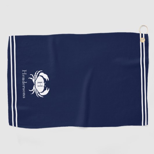 Monogrammed Navy Blue White Crab Nautical Golfhanddoek (Horizontaal)