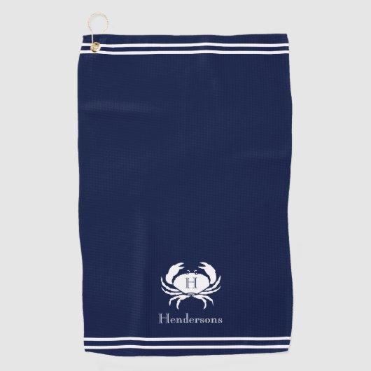 Monogrammed Navy Blue White Crab Nautical Golfhanddoek (Voorkant)