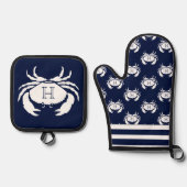 Monogrammed Navy Blue White Crab Nautical Ovenwant & Pannenlap Set (Voorkant)