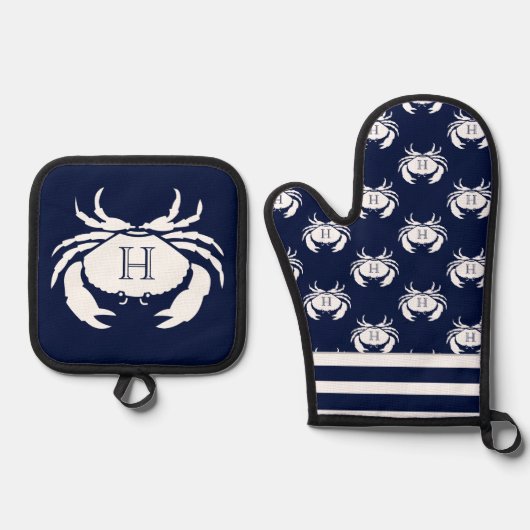 Monogrammed Navy Blue White Crab Nautical Ovenwant & Pannenlap Set (Voorkant)