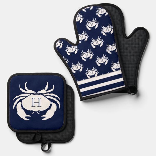 Monogrammed Navy Blue White Crab Nautical Ovenwant & Pannenlap Set (Voorkant / Achterkant)