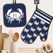 Monogrammed Navy Blue White Crab Nautical Ovenwant & Pannenlap Set