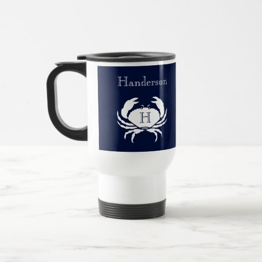 Monogrammed Navy Blue White Crab Nautical Reisbeker (Links)