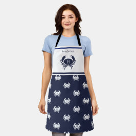 Monogrammed Navy Blue White Crab Nautical Schort