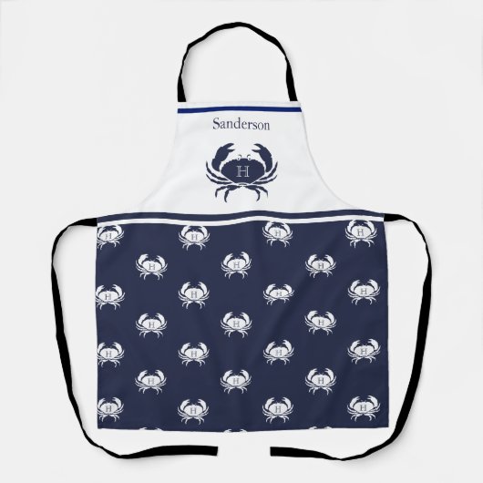 Monogrammed Navy Blue White Crab Nautical Schort (Voorkant)