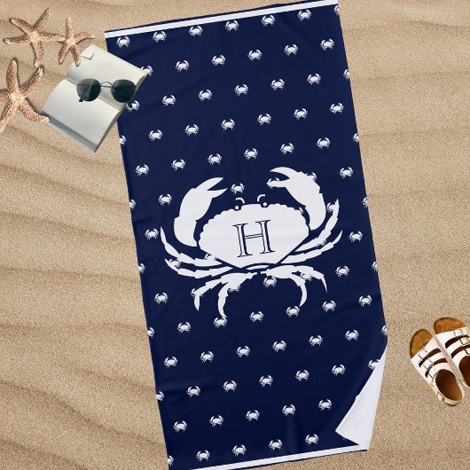 Monogrammed Navy Blue White Crab Nautical Strandlaken