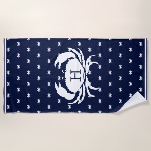 Monogrammed Navy Blue White Crab Nautical Strandlaken (Voorkant)