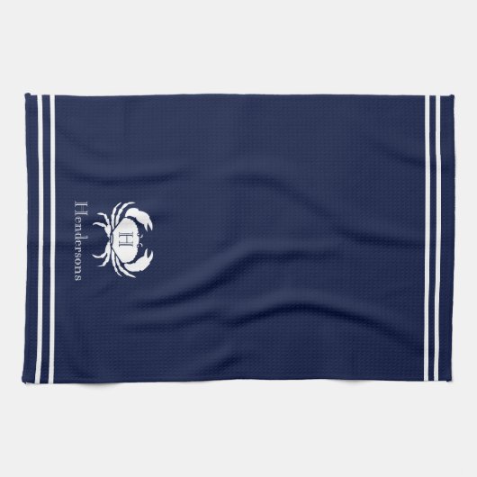 Monogrammed Navy Blue White Crab Nautical Theedoek (Horizontaal)