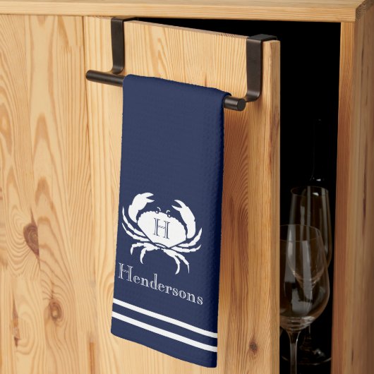 Monogrammed Navy Blue White Crab Nautical Theedoek (Derde Gevouwen)