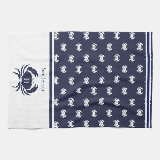 Monogrammed Navy Blue White Crab Nautical Theedoek (Horizontaal)