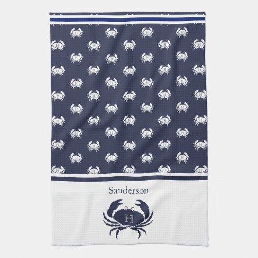 Monogrammed Navy Blue White Crab Nautical Theedoek (Verticaal)