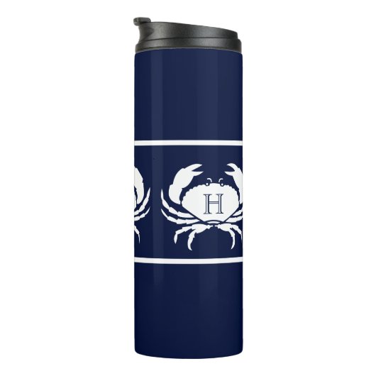 Monogrammed Navy Blue White Crab Nautical Thermosbeker (Geroteerd rechts)