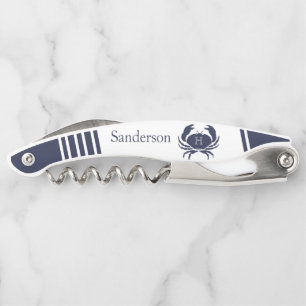 Monogrammed Navy Blue White Crab Nautical Waiter Kurkentrekker