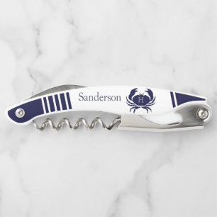 Monogrammed Navy Blue White Crab Nautical Waiter Kurkentrekker